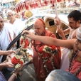 The Jagadgurus being received at the Rangantha Swamy Temple with respectful Swagata with Poornakumbha by Archakas and temple authorities