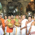 Temple officials led by Joint Commissioner, Sri Varadarajan and members of the Thiru-svatantrar community offering golden Poornakumbha Swagata