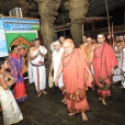 Temple officials led by Joint Commissioner, Sri Varadarajan and members of the Thiru-svatantrar community offering golden Poornakumbha Swagata