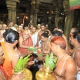 Temple officials led by Joint Commissioner, Sri Varadarajan and members of the Thiru-svatantrar community offering golden Poornakumbha Swagata
